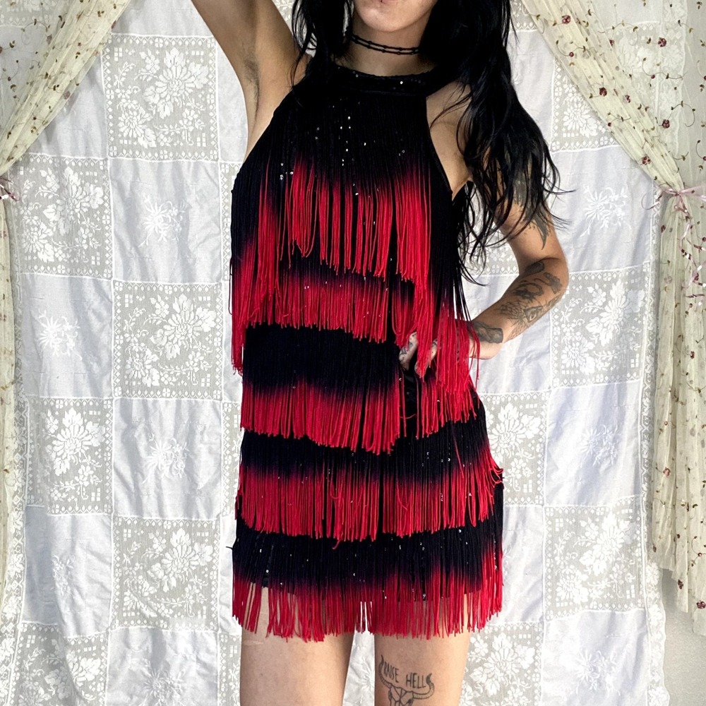 Red Black Ombre Fringe Flapper Dress Sequin Halter Gatsby Latin Dance Sz S/M - Picture 4 of 15